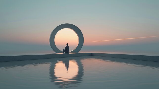 A solitary figure sits in front of a large circular structure, reflecting in the still water at sunset.
