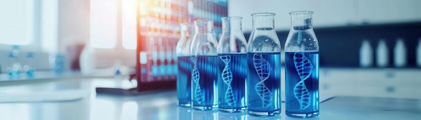 Modern lab with DNA strands projected on screens, Laboratory Biotech, genomic research and technology