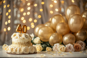 40th birthday celebration with a white and gold cake, adorned with roses and golden balloons in a festive setting.
