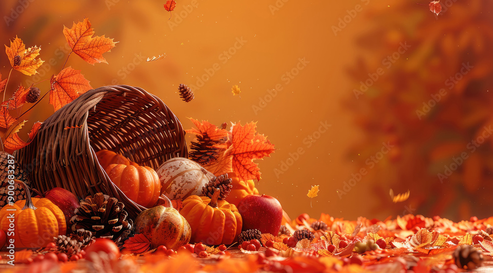 Aufkleber a festive abstract depiction of thanksgiving with autumn leaves and a cornucopia against a warm oran