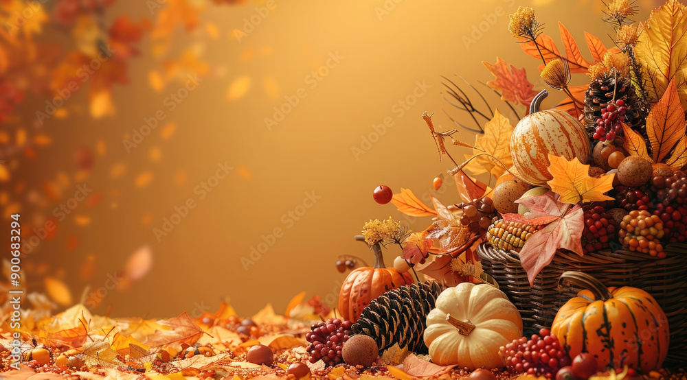 Poster a festive abstract depiction of thanksgiving with autumn leaves and a cornucopia against a warm oran