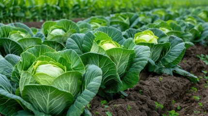 Fresh green cabbages growing in a lush farm field under natural sunlight. Vibrant and healthy produce ready for harvest.
