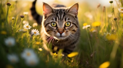 A cat is walking through a field of yellow flowers
