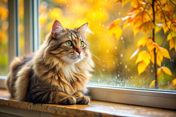 Pensive cat on the windowsill, autumn. Suitable for Photoshop, computer desktop wallpaper, event banners, photo studios and fall themed decorations.