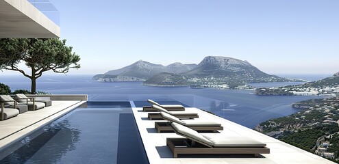 Rows of lounge chairs beside the swimming pool of a resort with ocean views in the background