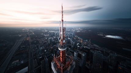 Obraz premium Aerial view of a skyscraper's summit at sunset with a city skyline in the background and a large stadium visible near a river.
