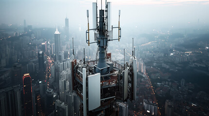 Close-up of a telecommunications tower with antennas on top of a high-rise building in a hazy urban cityscape with many illuminated buildings.