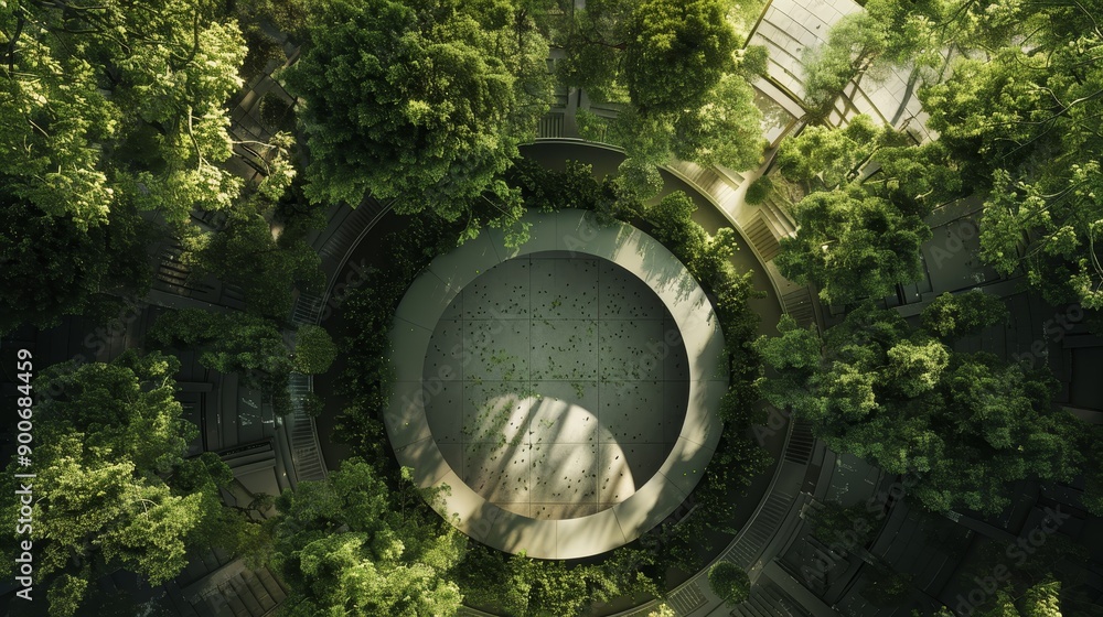 Poster an aerial view of a circular clearing in a dense forest, surrounded by lush greenery. sunlight filte