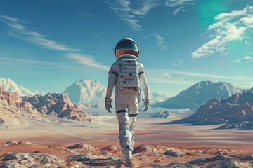Rear view of astronaut walking on planet 