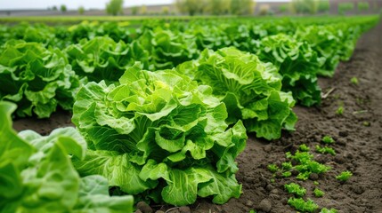 Vibrant green lettuce grows in a lush field, showcasing healthy leaves and rich soil under clear blue skies.