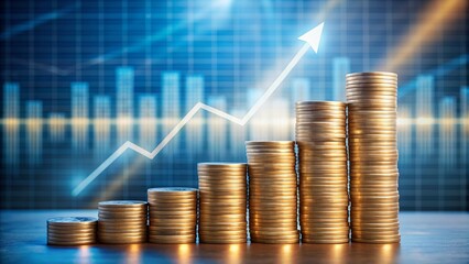 A stack of coins with a graph chart showing growth and profit increase, symbolizing business success, financial market trends, and economic upward momentum.
