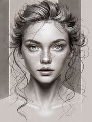 Realistic Digital Sketch of Woman with Freckles and Messy Hair on Neutral Background