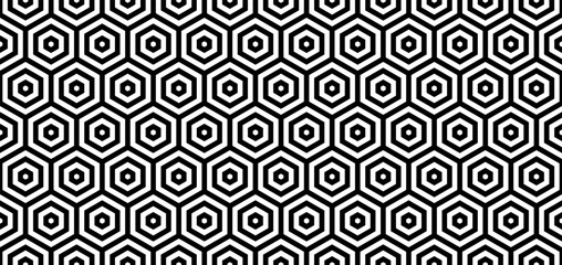 Seamless geometric pattern with hexagons, lines. Black and white abstract background.