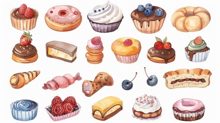Pastry set. White background. Watercolor illustrations