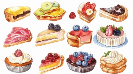 Pastry set. White background. Watercolor illustrations