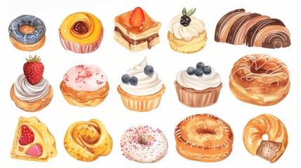 Pastry set. White background. Watercolor illustrations