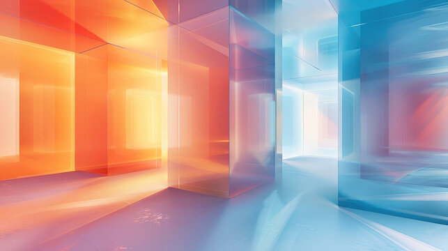 Gradient frosted glass effect virtual background, cube shape, bright, blue, orange, white. Generative AI.