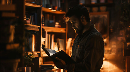 person reading a book, surrounded by shelves filled with books, illuminated by warm, ambient light, creating a cozy atmosphere

