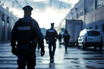 Obraz premium Silhouetted police officers patrolling an urban area in the early morning light, emphasizing security and law enforcement presence. high quality.