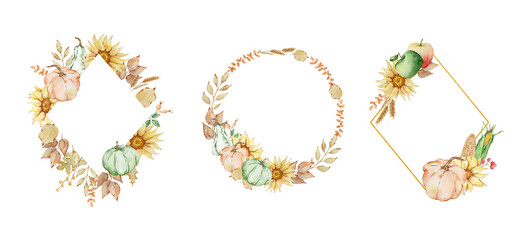 Watercolor autumn frames set with pumpkin, sunflowers, fall leaves