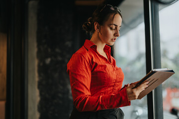 A young businesswoman in a red shirt reviews documents in a modern office, symbolizing productivity...