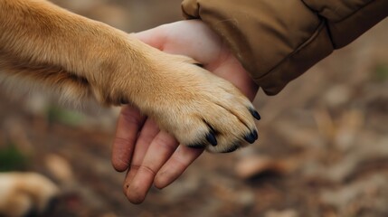 Close-up high five handshake, dog's puppy paw and human hand in nature, representing a friendship, partnership, team between man and pet, animal. Trusting concept, friend love, happy moments