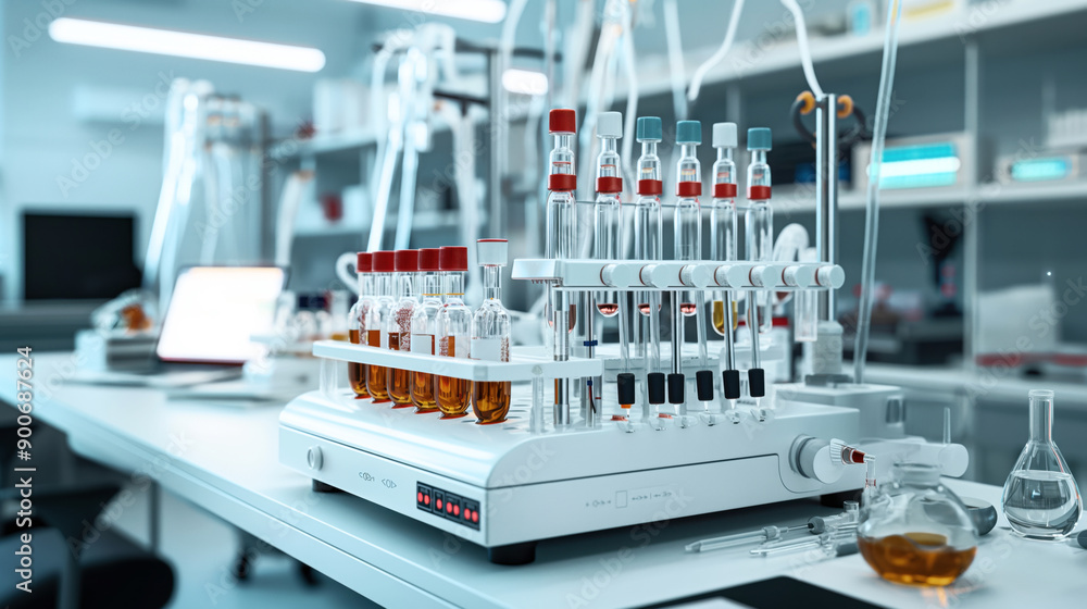 Canvas Prints Modern scientific laboratory with test tubes containing liquid samples, various lab apparatus including a centrifuge, flasks, and pipettes on a workbench.