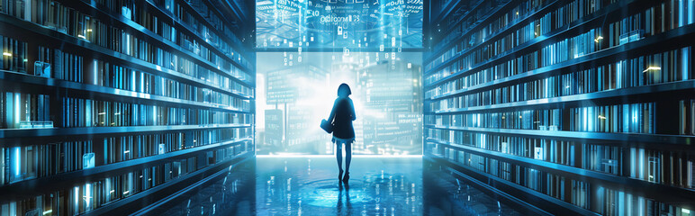 Person visiting futuristic digital library