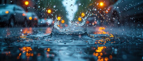 Raindrops splashing into a puddle on a city street, close-up, high definition.