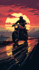 a pixilated video game of a man riding a motorcycle, driving in Miami, 8 bit motion, profile view