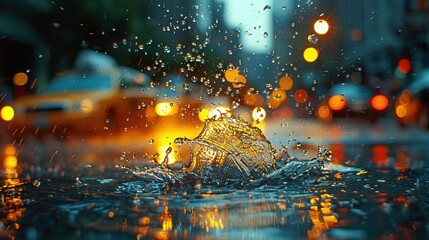 Fototapeta premium Raindrops splashing into a puddle on a city street, close-up, high definition.