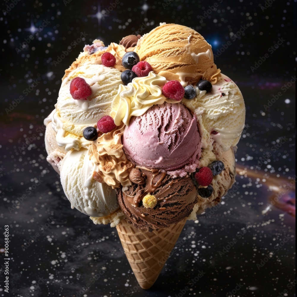 Poster fantasy ice cream cone with multiple scoops and various toppings floating in a cosmic background. vi