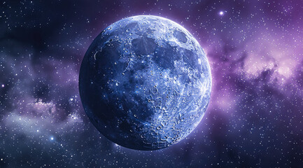 Fototapeta premium Closeup of a white moon, purple and blue galaxy of stars in background. Generative AI.