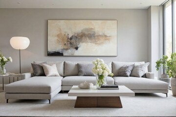 A modern living room with a neutral color palette, featuring a gray sectional sofa.