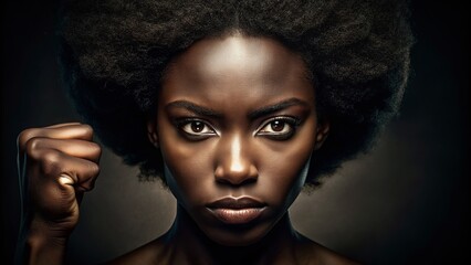 Fototapeta premium Powerful silhouette of a black woman's face, symbolizing resistance, strength, and defiance against racism and gender-based violence, with a bold, unapologetic gaze.