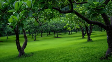 Lush green landscape with trees and grass, creating a serene and tranquil natural environment perfect for relaxation.