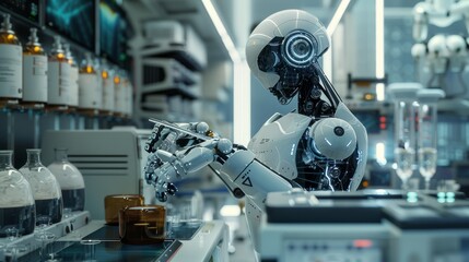 Fototapeta premium a robot with a blue light on it is working on a liquid