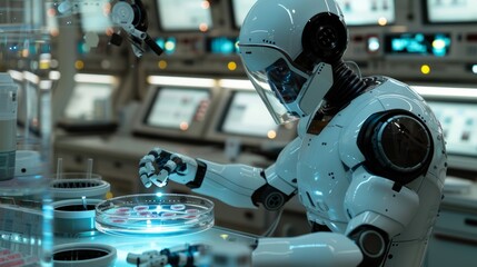 Fototapeta premium a robot with a blue light on it is working on a liquid