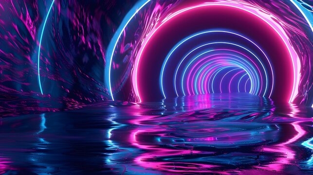 Vibrant Neon Arch in Pink and Blue Shades with Swirling Patterns