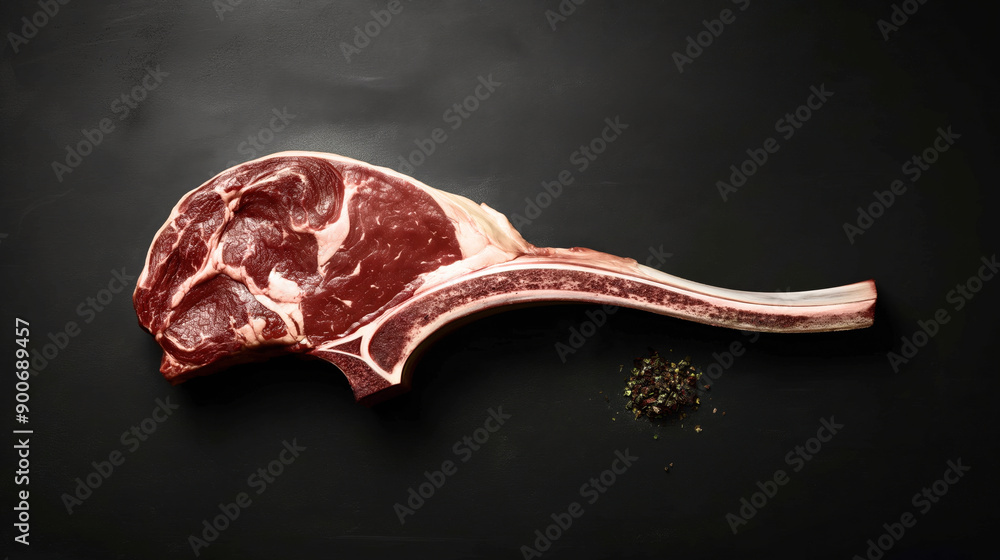 Wall mural Raw tomahawk steak with a long bone placed on a dark surface with a small pile of seasoning beside it.