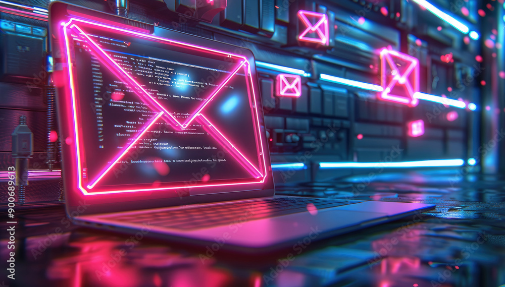 Poster Laptop open to an encrypted email, with digital encryption symbols and secure email notification. Bright neon lights, advanced technology setting. Generative AI.