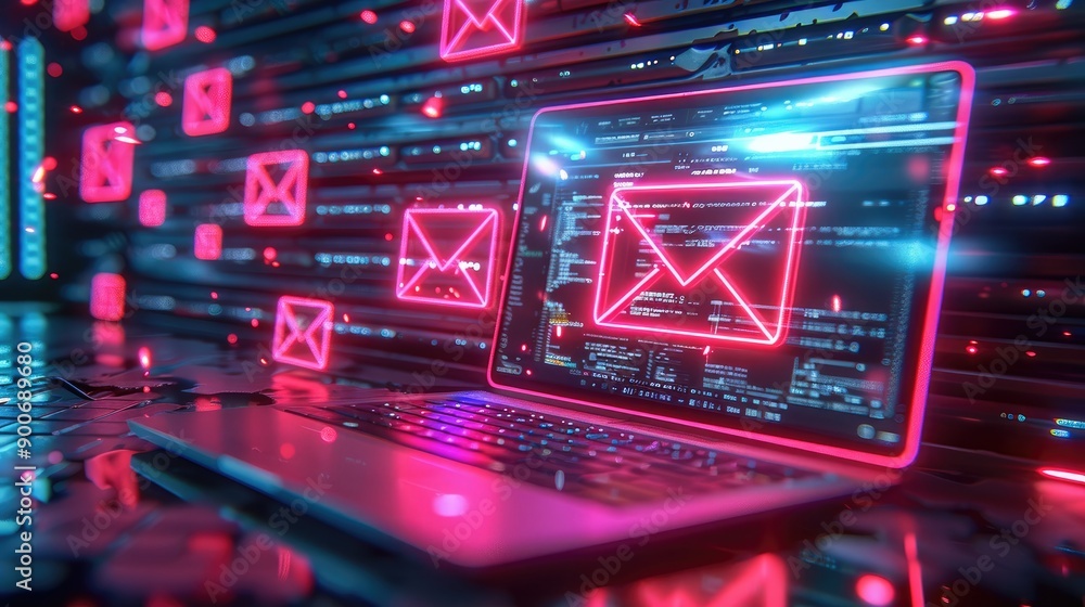 Poster Laptop open to an encrypted email, with digital encryption symbols and secure email notification. Bright neon lights, advanced technology setting. Generative AI.
