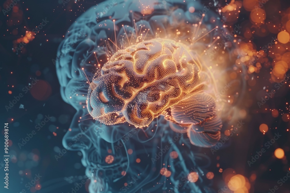 Poster digital art of a human brain with glowing synapses and a colorful neural network