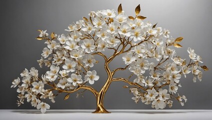 White flower tree with golden stem in 3D wallpaper, floral design, high contrast
