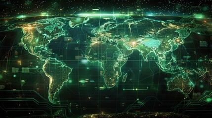 A science fiction neon green and black world map featuring. Generative AI.