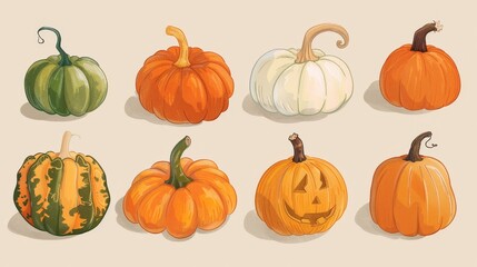 Pumpkin types illustration. Pumpkins variety collection