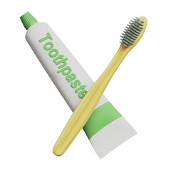 Composition of natural bamboo toothbrush with toothpaste 3d rendered illustration. Environmental friendly concept design