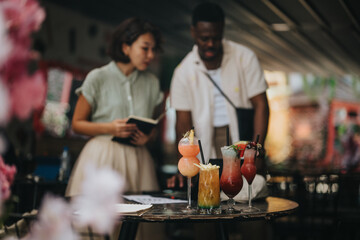 Multicultural businesspeople enjoying drinks and cheering for success in a relaxed and vibrant outdoor setting