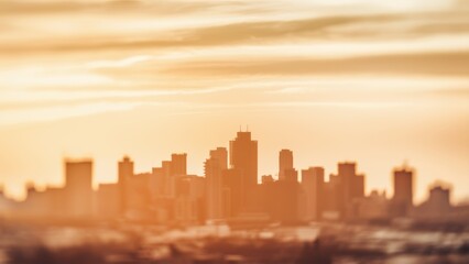 Golden Hour Cityscape with Urban Skyline Silhouetted Against a Warm Sunset Sky