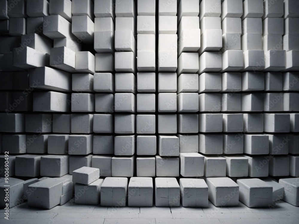Fototapete white cube blocks fading out, random pattern background, space for text